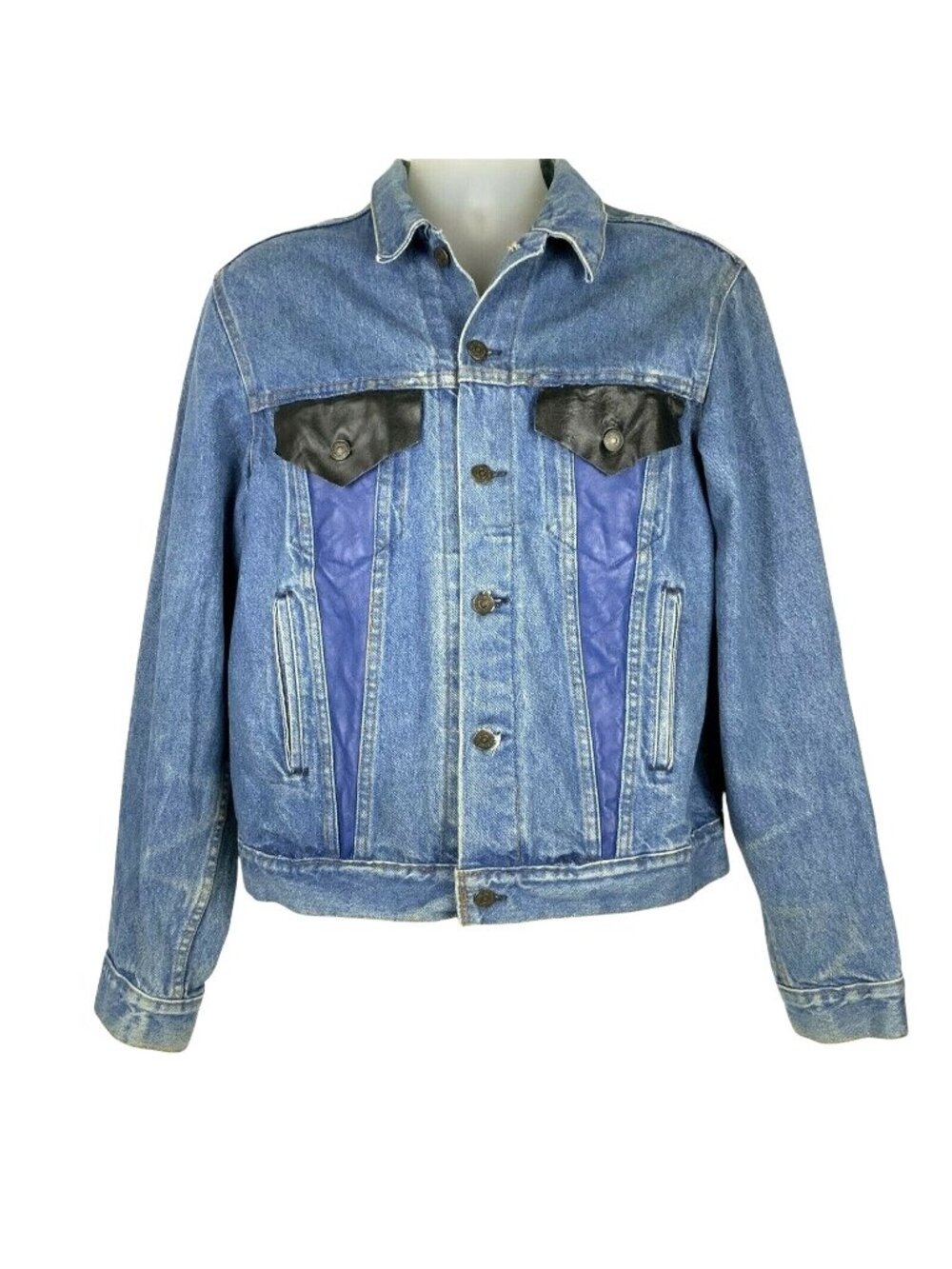 Levis Denim Trucker Jacket With Black & Blue Faux Leather Insets Size 44L